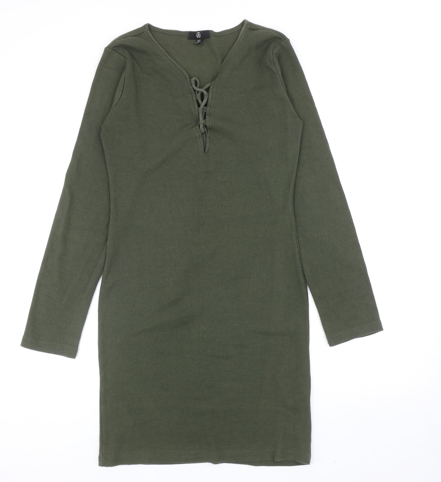Missguided Womens Green Cotton Jumper Dress Size 12 V-Neck Lace Up - Ribbed