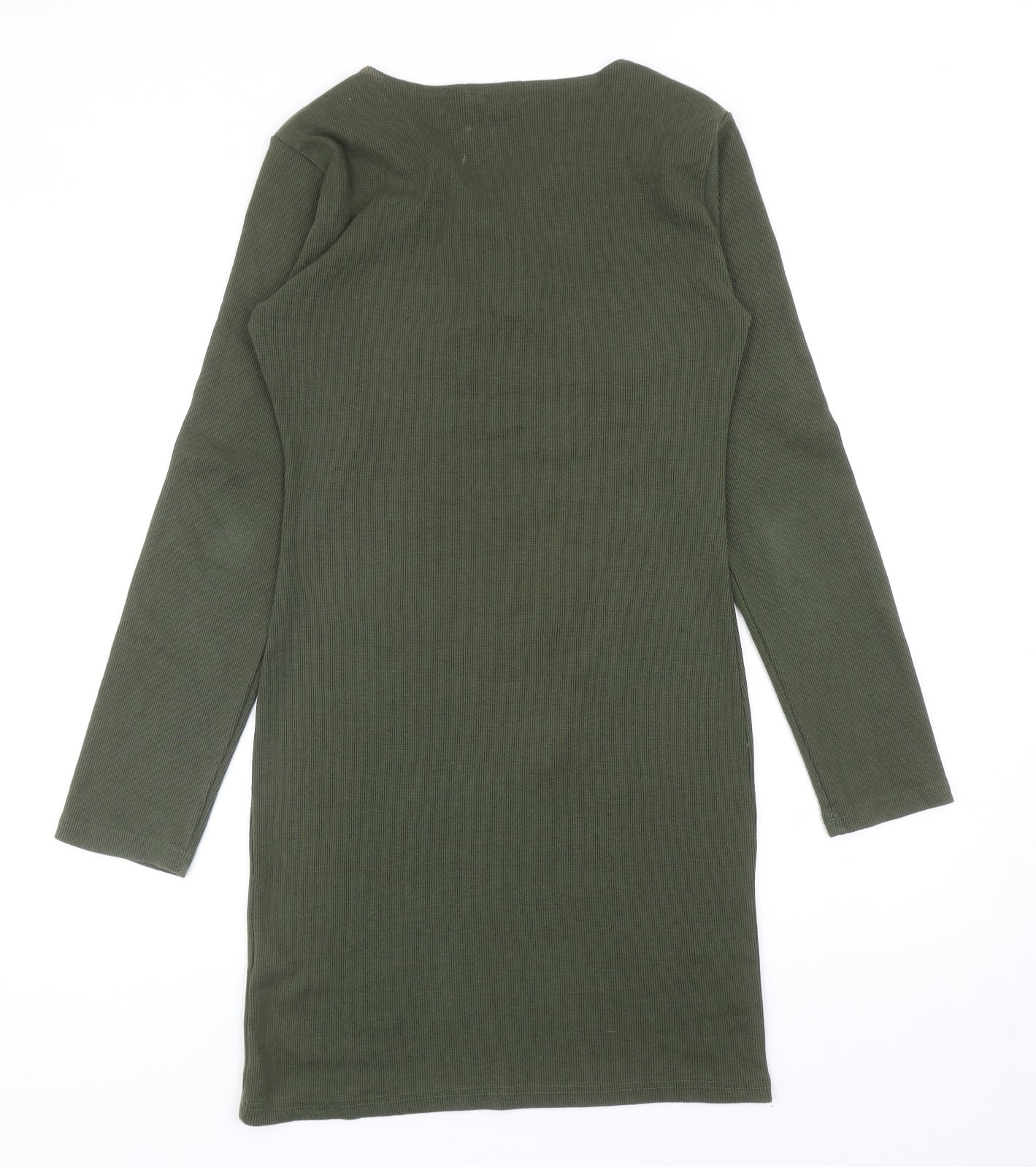 Missguided Womens Green Cotton Jumper Dress Size 12 V-Neck Lace Up - Ribbed