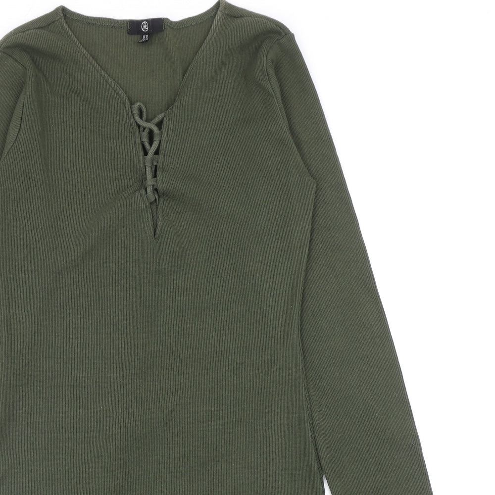 Missguided Womens Green Cotton Jumper Dress Size 12 V-Neck Lace Up - Ribbed