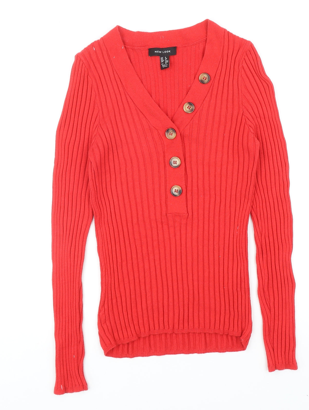 New Look Womens Red V-Neck Acrylic Pullover Jumper Size 8