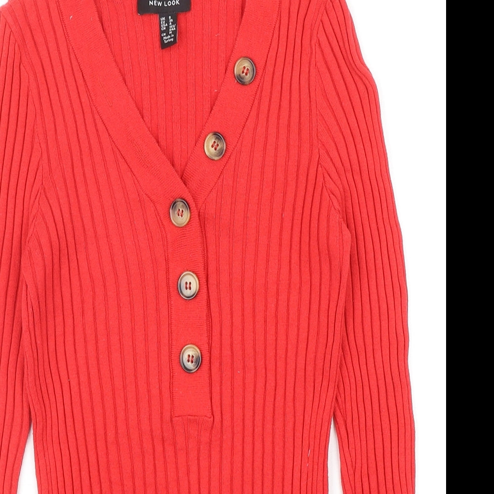 New Look Womens Red V-Neck Acrylic Pullover Jumper Size 8