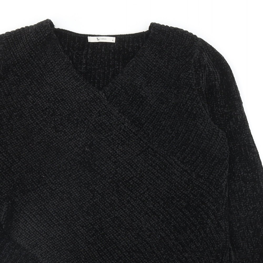 TU Womens Black V-Neck Polyester Pullover Jumper Size 10