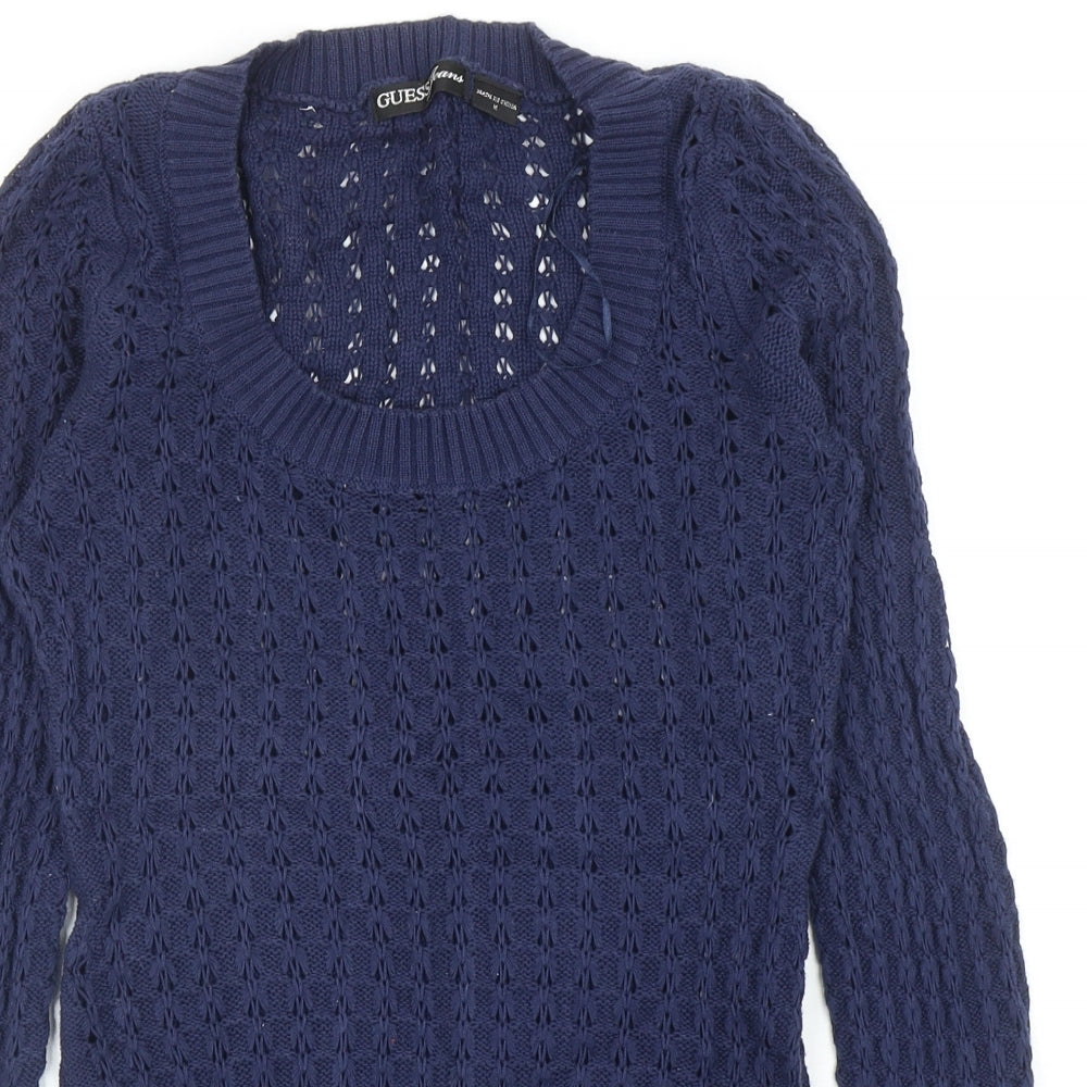 GUESS Womens Blue Scoop Neck Cotton Pullover Jumper Size M
