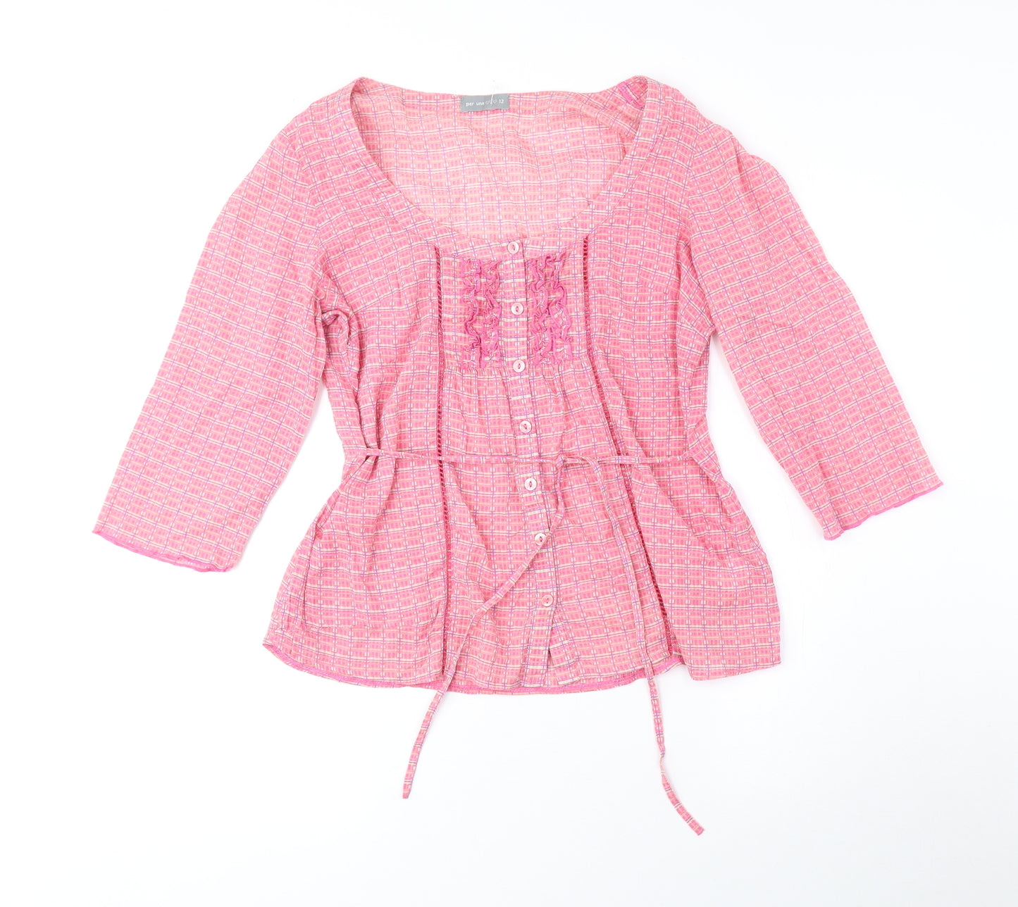 Per Una Womens Pink Geometric Cotton Basic Button-Up Size 12 Scoop Neck