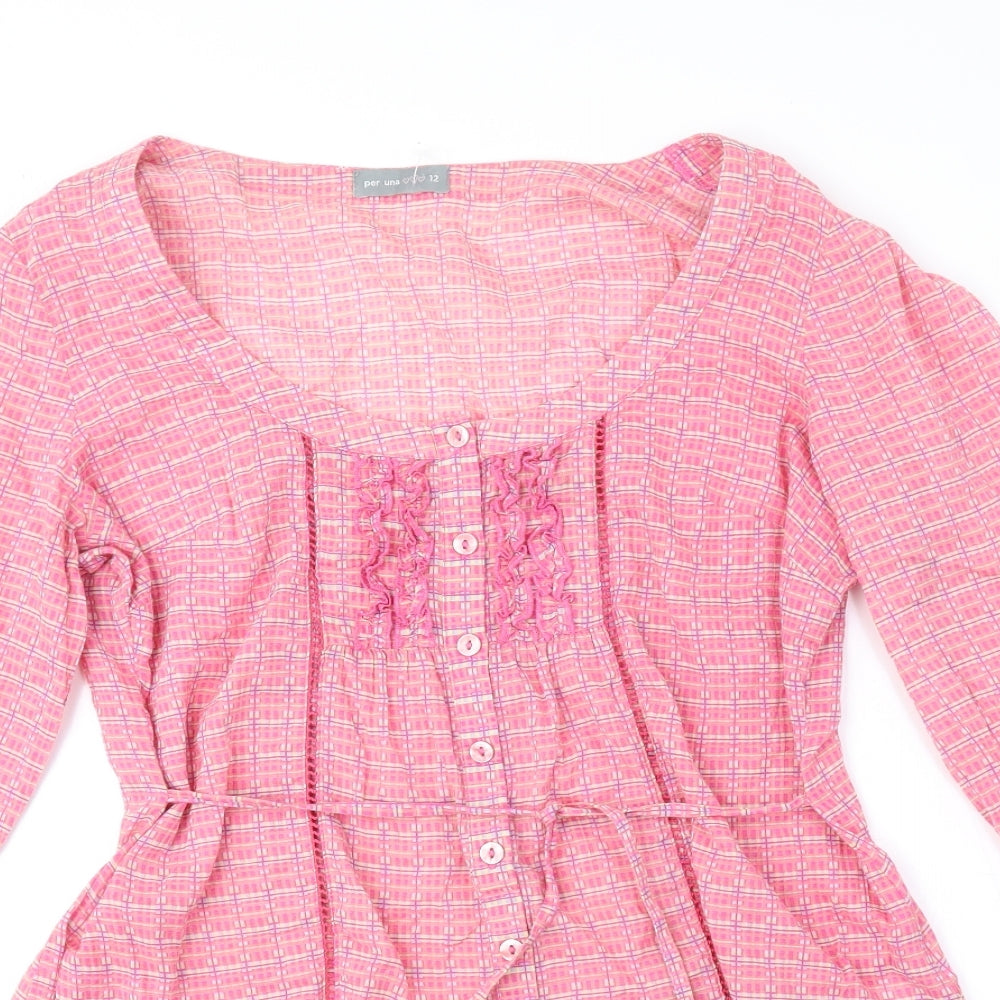 Per Una Womens Pink Geometric Cotton Basic Button-Up Size 12 Scoop Neck