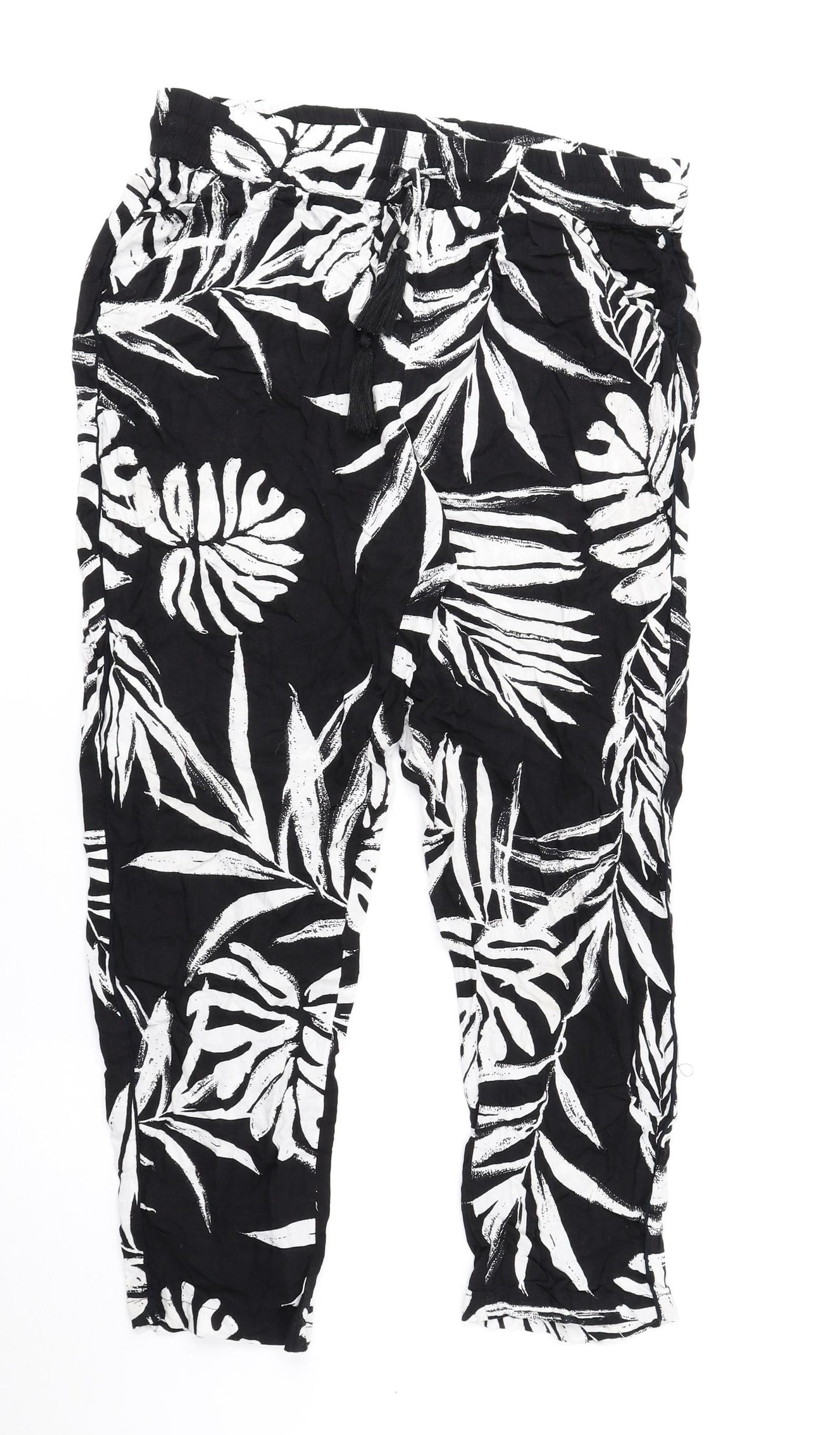 Debenhams Womens Black Floral Viscose Trousers Size 6 L23 in Regular Drawstring