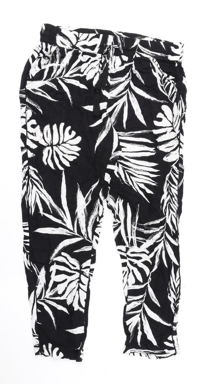 Debenhams Womens Black Floral Viscose Trousers Size 6 L23 in Regular Drawstring