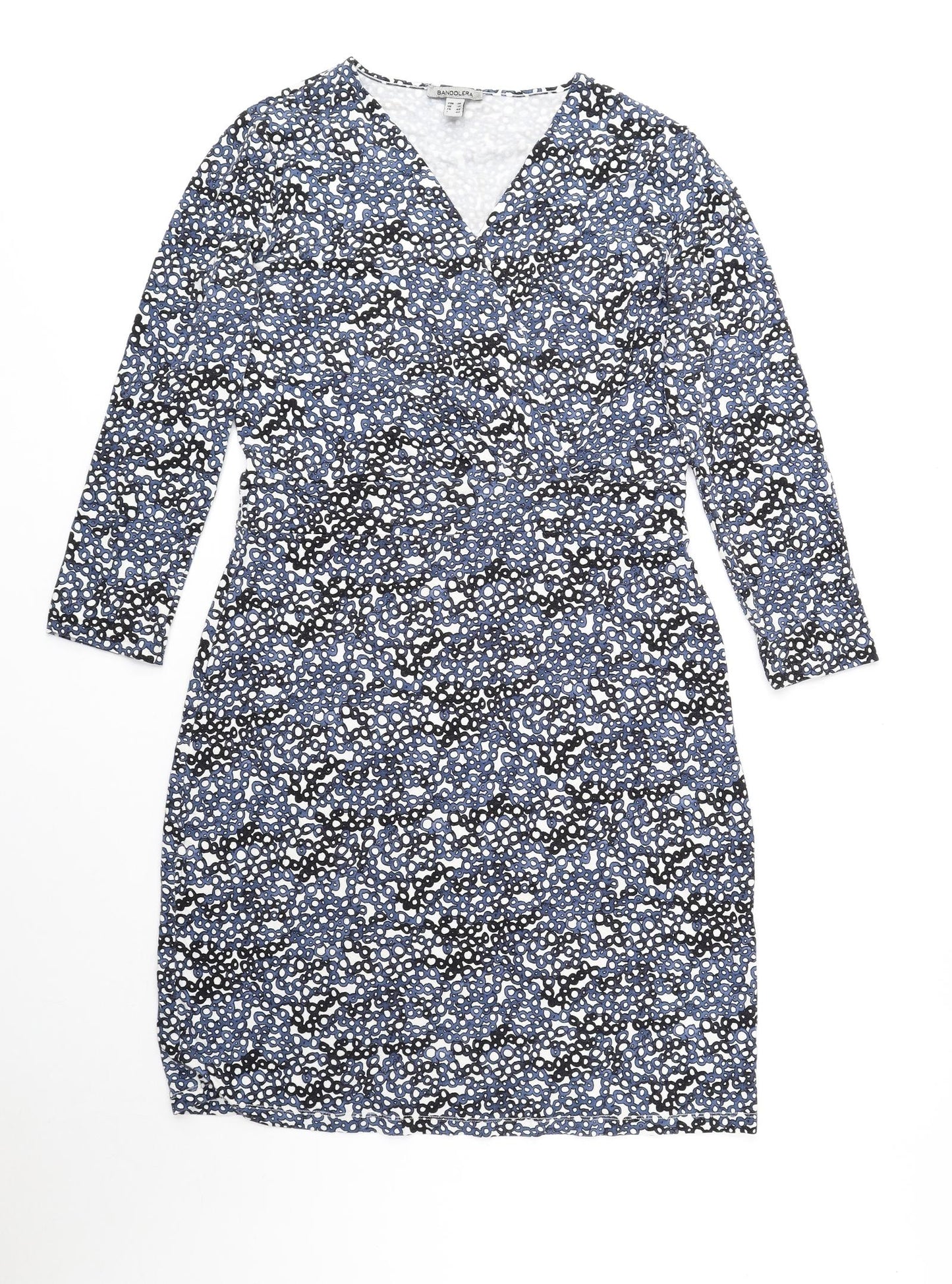 Bandolera Womens Blue Geometric Viscose Fit & Flare Size 12 V-Neck Pullover - Elastic Waist