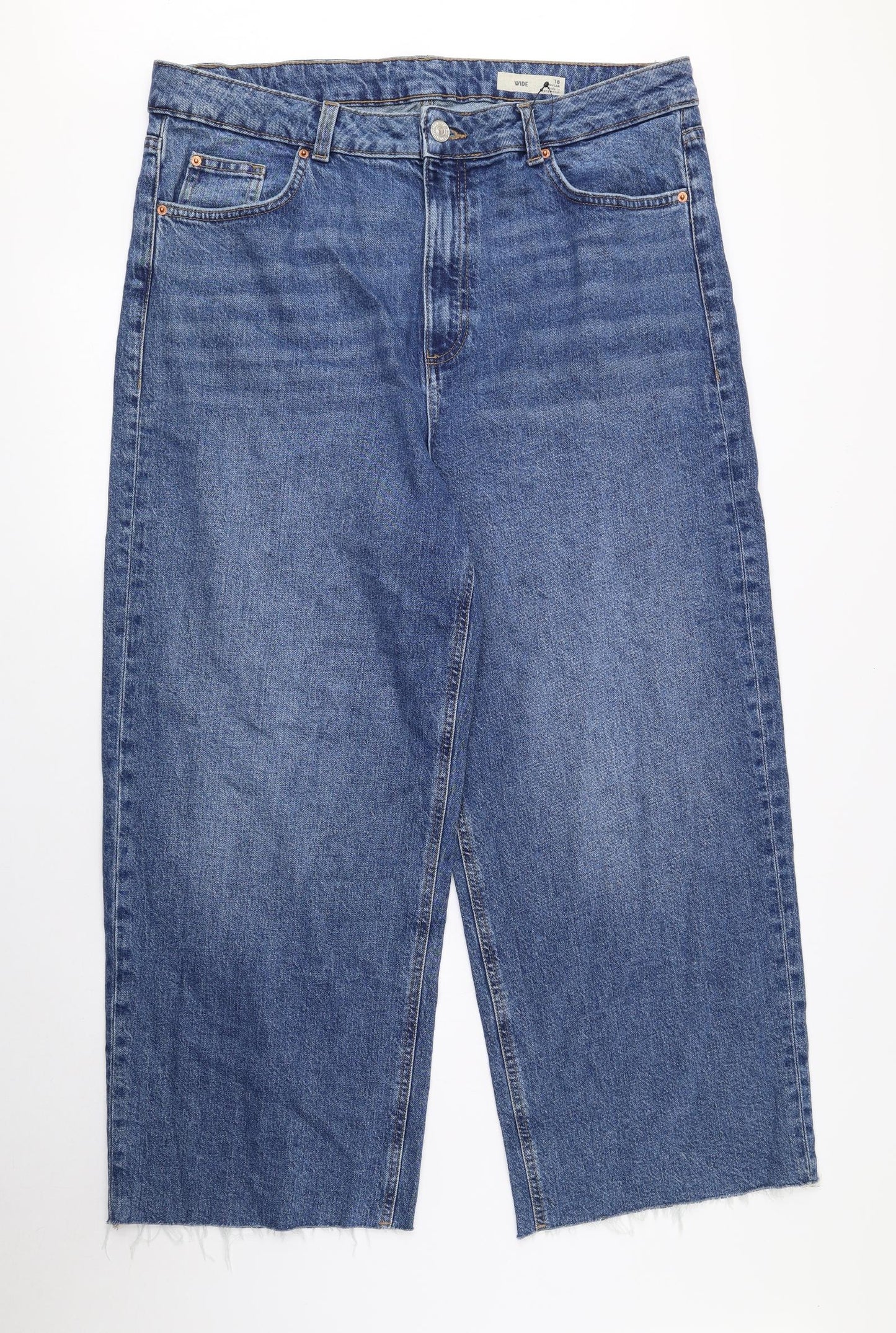 Marks and Spencer Womens Blue Cotton Wide-Leg Jeans Size 18 L25 in Regular Button