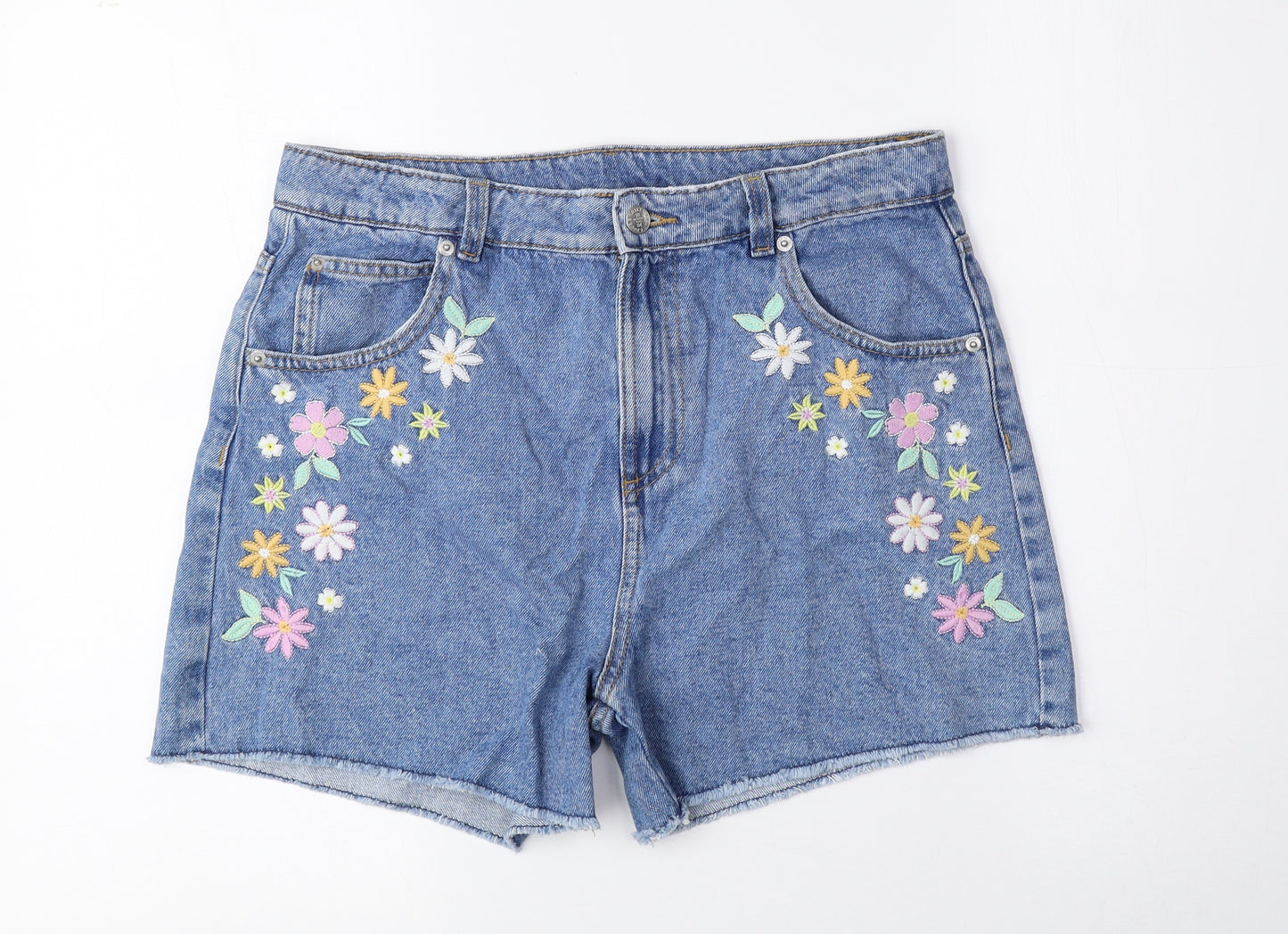 Marks and Spencer Girls Blue Cotton Boyfriend Shorts Size 14-15 Years L4 in Regular Buckle