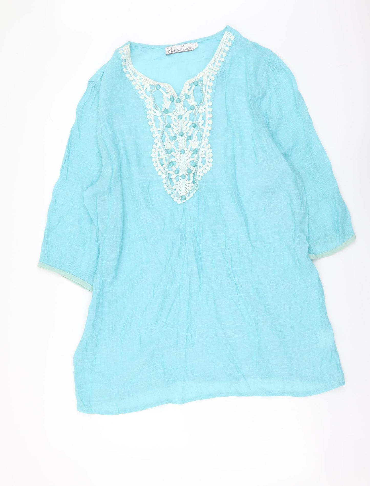 Pure & Natural Womens Blue Cotton Ringer Blouse Size L V-Neck