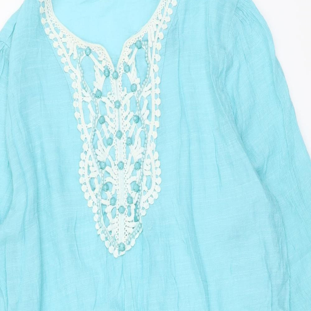 Pure & Natural Womens Blue Cotton Ringer Blouse Size L V-Neck