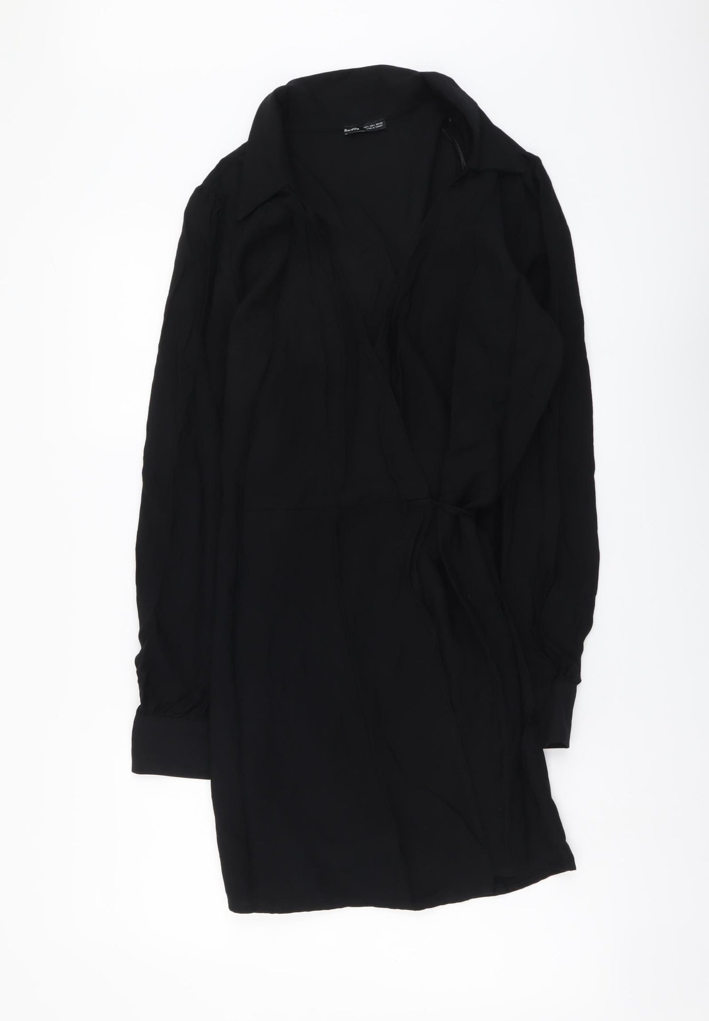 Bershka Womens Black Viscose Wrap Dress Size L V-Neck Tie