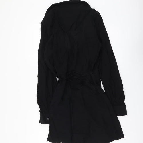 Bershka Womens Black Viscose Wrap Dress Size L V-Neck Tie