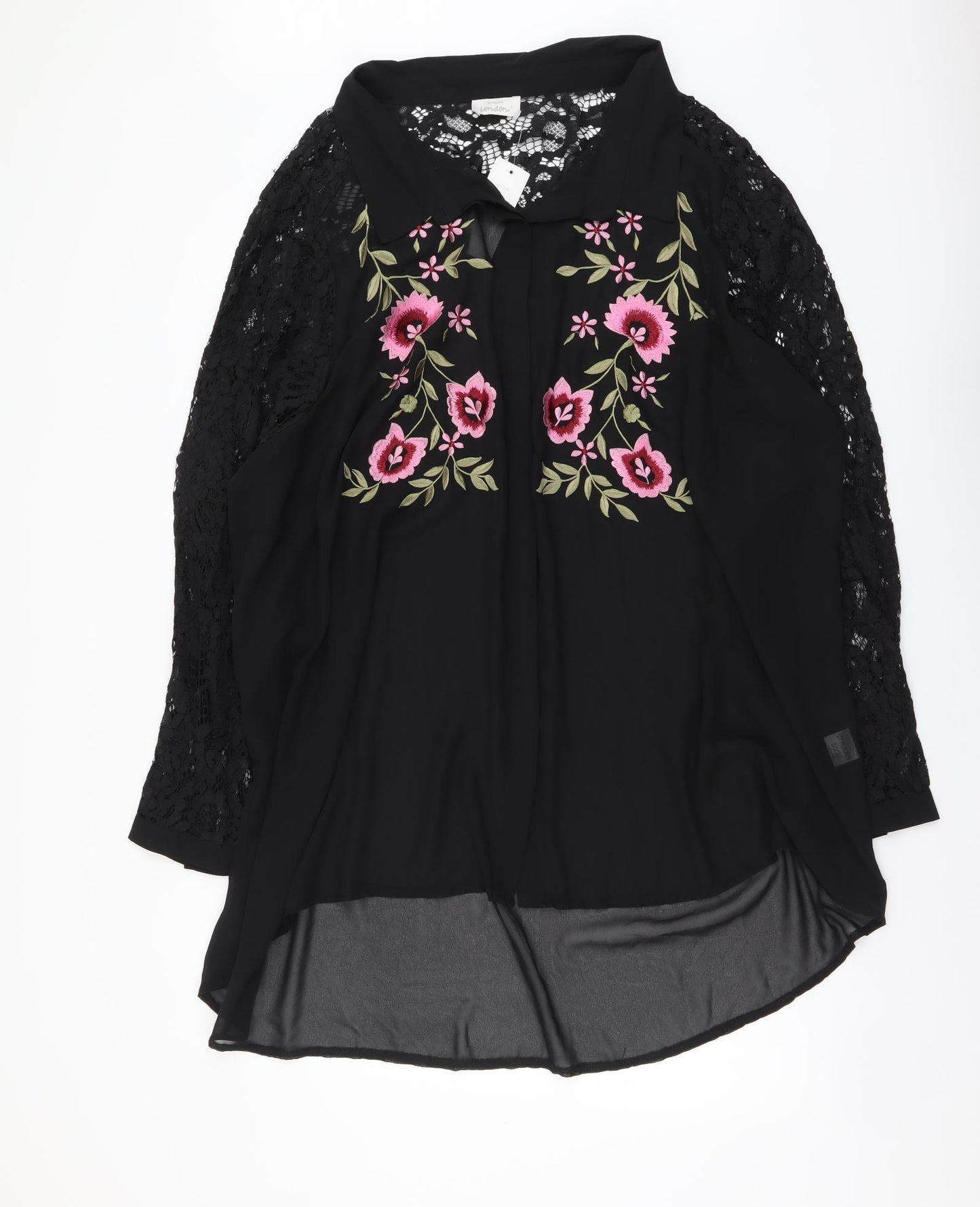 Yours Womens Black Floral Polyester Basic Button-Up Size 30 Collared - Lace Detail