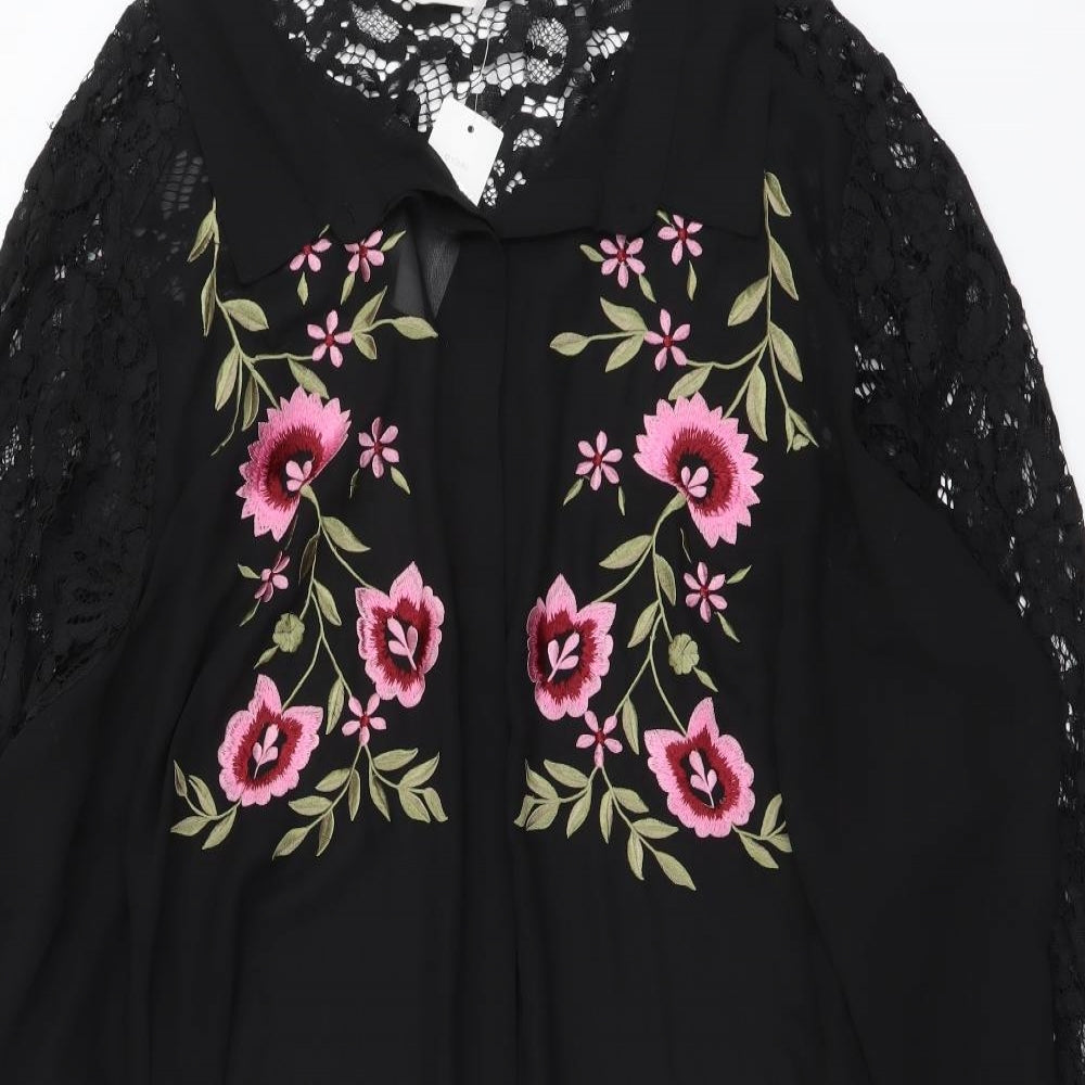 Yours Womens Black Floral Polyester Basic Button-Up Size 30 Collared - Lace Detail
