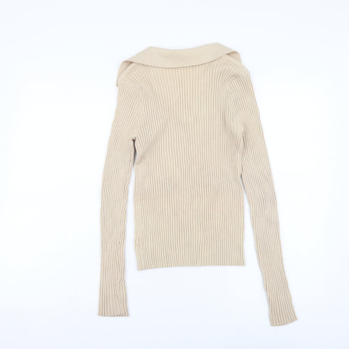 Dazy Womens Beige Collared Polyester Pullover Jumper Size M - Ribbed