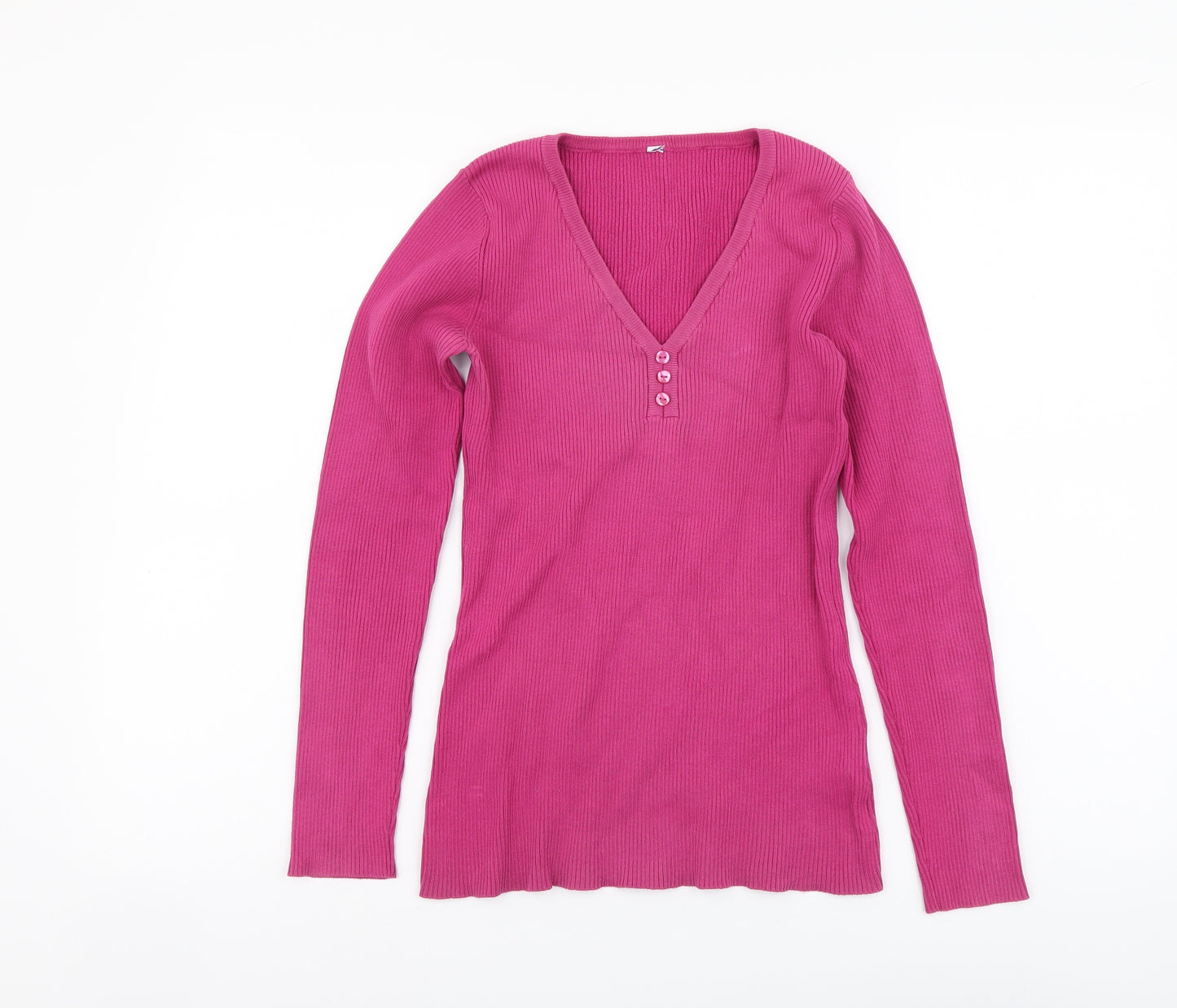 BHS Womens Pink V-Neck Cotton Pullover Jumper Size 10 - Ribbed