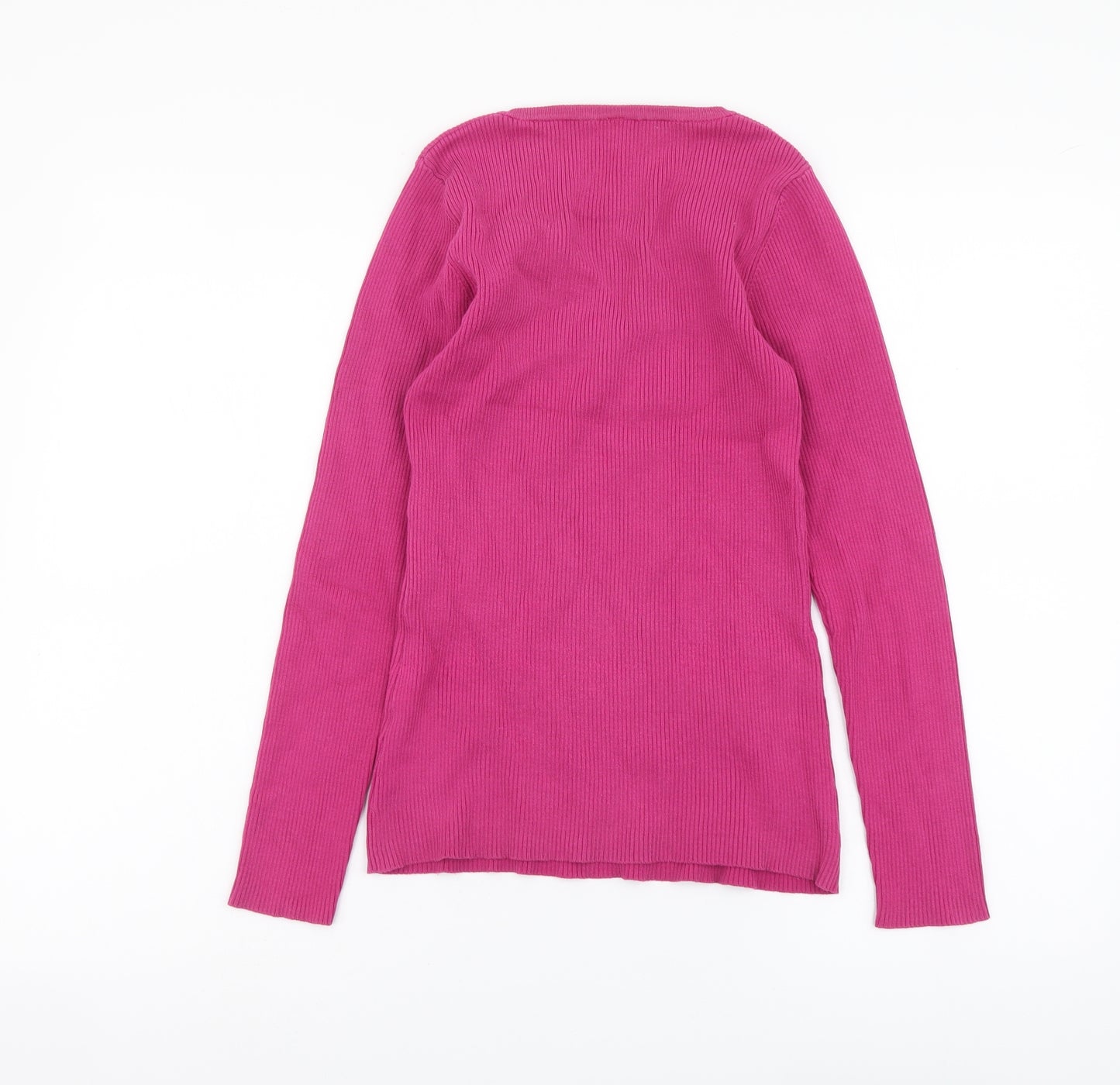BHS Womens Pink V-Neck Cotton Pullover Jumper Size 10 - Ribbed