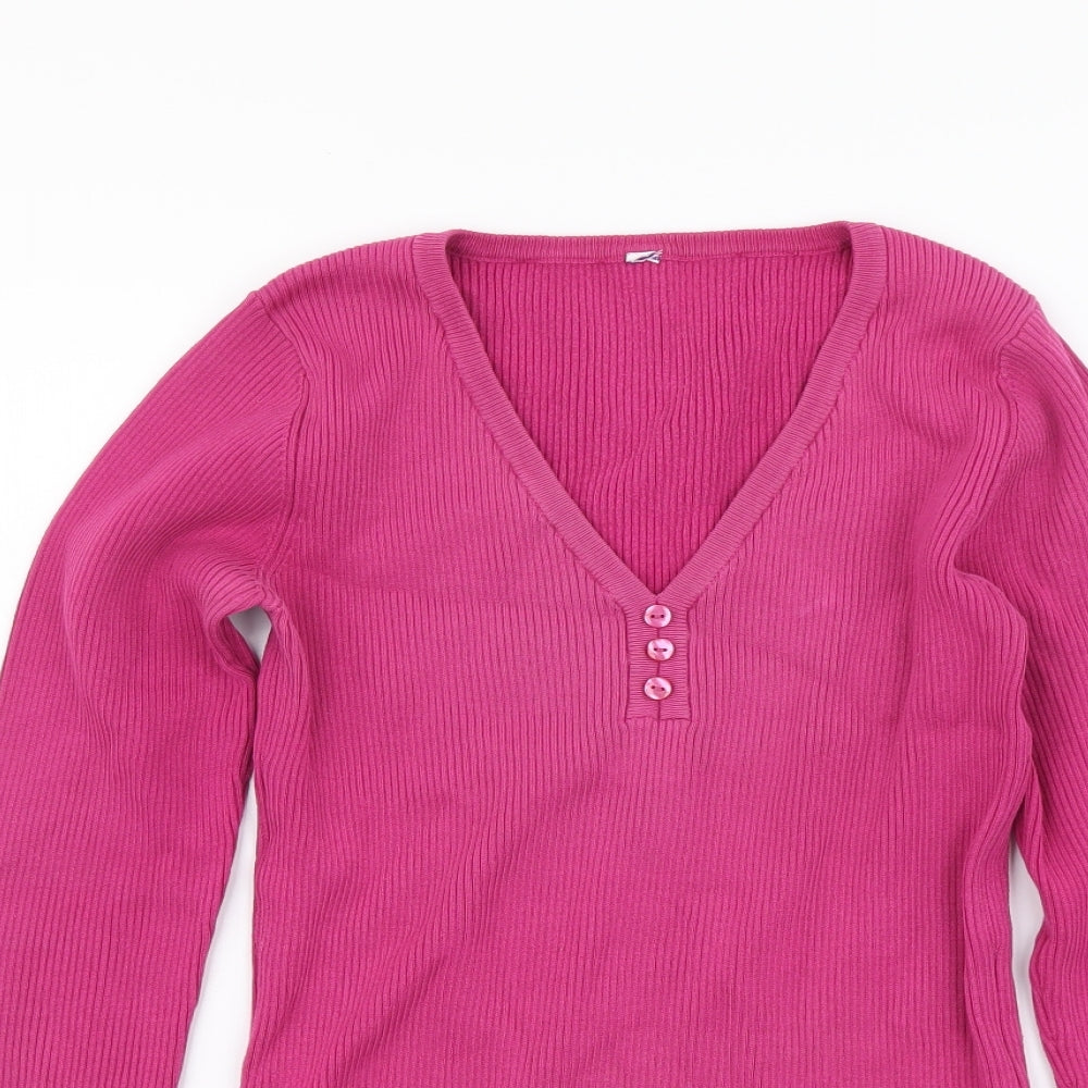 BHS Womens Pink V-Neck Cotton Pullover Jumper Size 10 - Ribbed