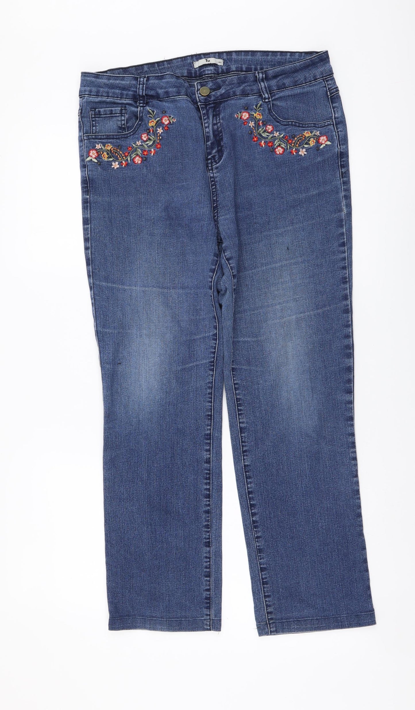 TU Womens Blue Cotton Straight Jeans Size 14 L26 in Regular Button - Floral Detail