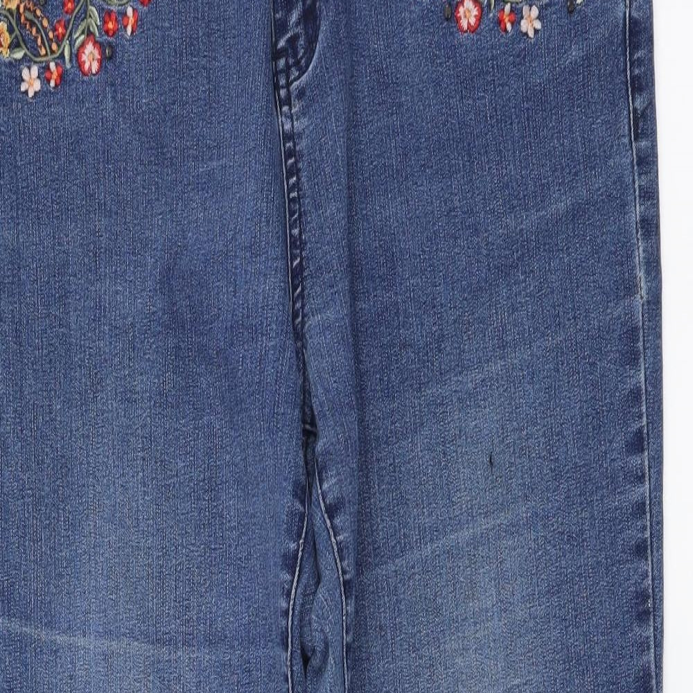 TU Womens Blue Cotton Straight Jeans Size 14 L26 in Regular Button - Floral Detail
