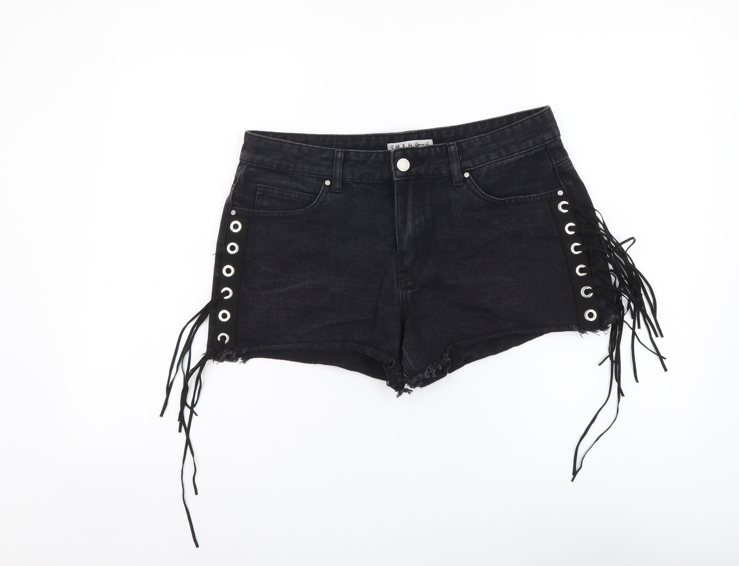 Denim & Co. Womens Black Cotton Hot Pants Shorts Size 12 L3 in Regular Button - Lace Up Detail
