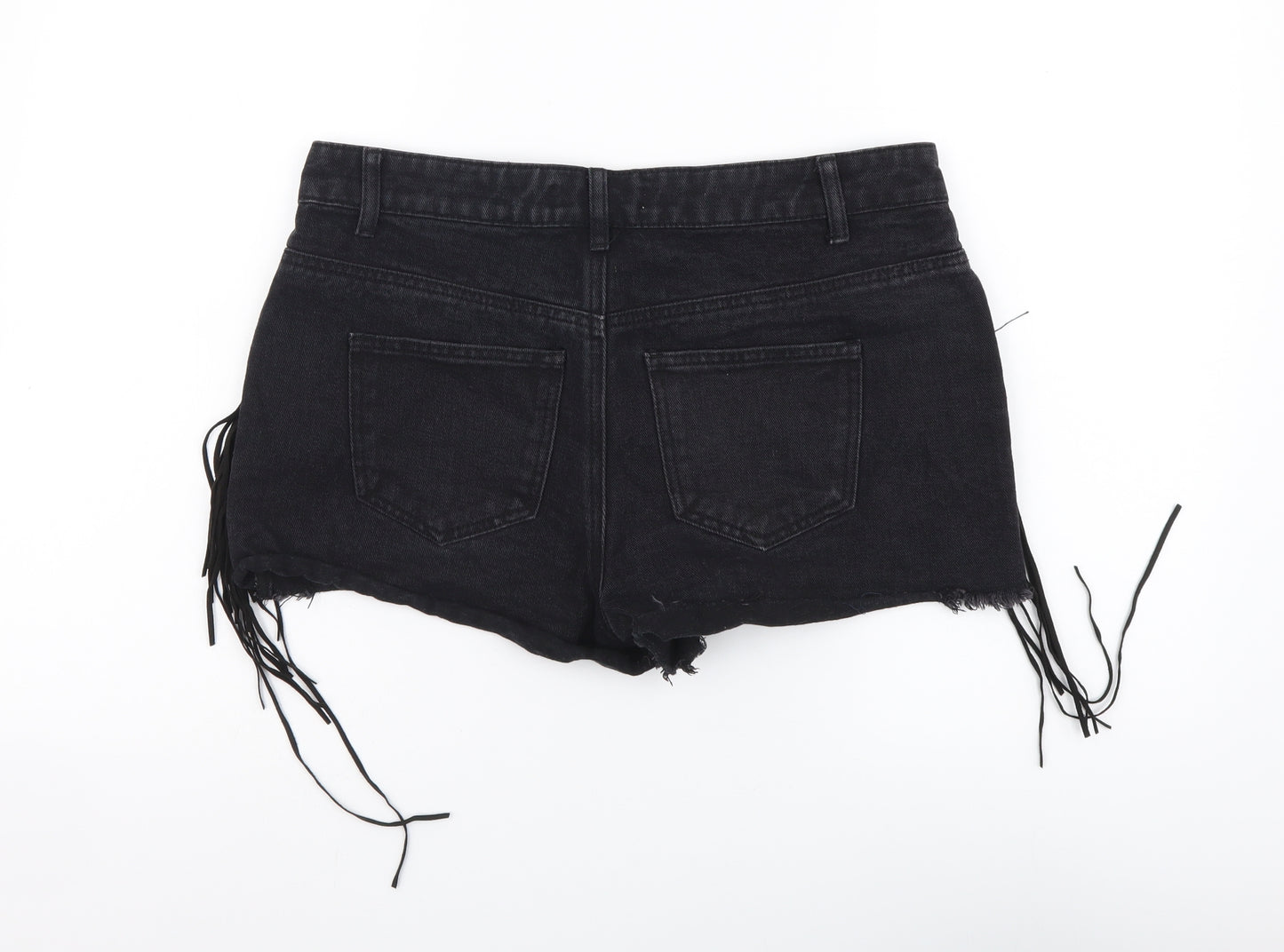 Denim & Co. Womens Black Cotton Hot Pants Shorts Size 12 L3 in Regular Button - Lace Up Detail