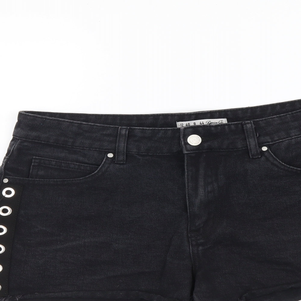 Denim & Co. Womens Black Cotton Hot Pants Shorts Size 12 L3 in Regular Button - Lace Up Detail