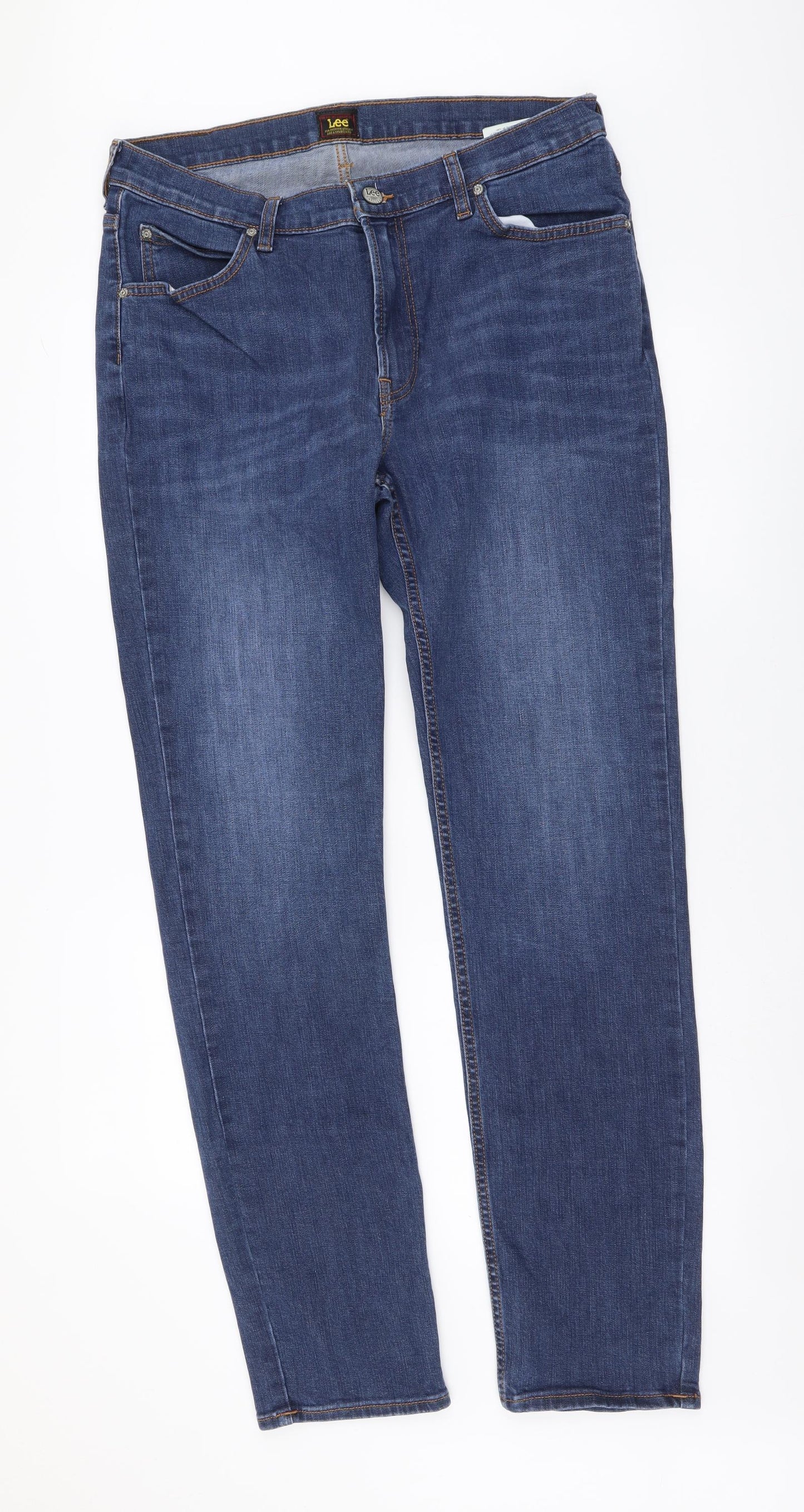 Lee Mens Blue Cotton Straight Jeans Size 34 in L34 in Regular Button
