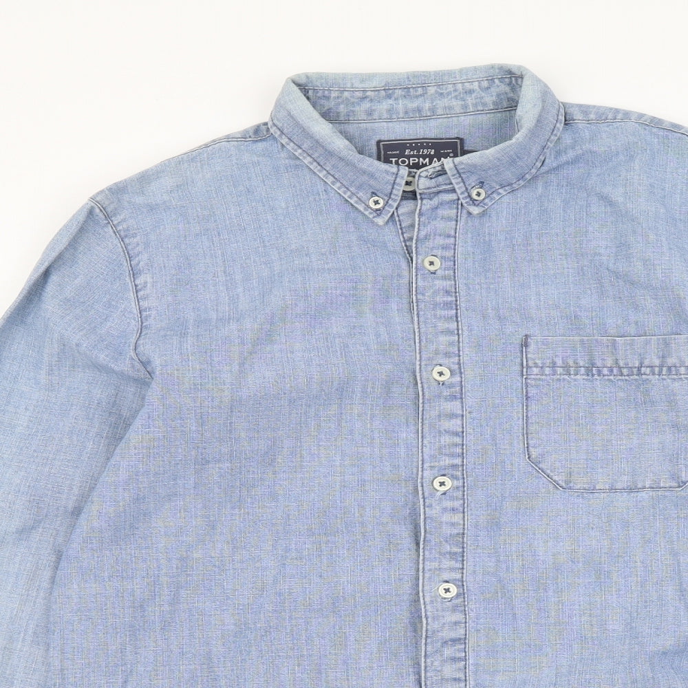 Topman Mens Blue Cotton Button-Up Size M Collared Button