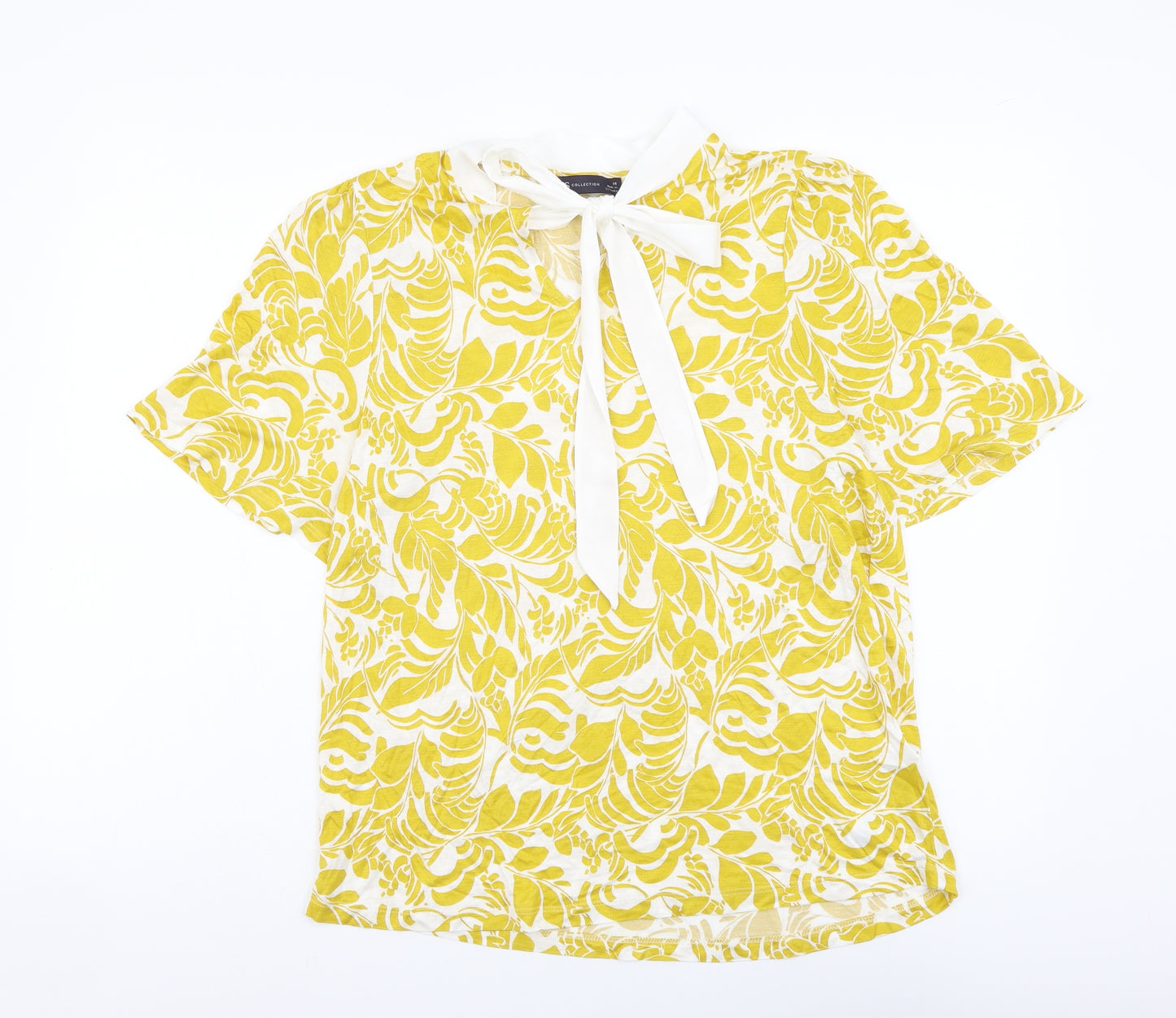 Marks and Spencer Womens Yellow Geometric Viscose Basic T-Shirt Size 12 Round Neck