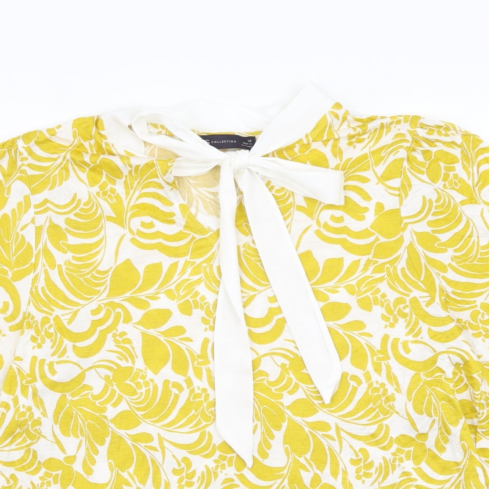 Marks and Spencer Womens Yellow Geometric Viscose Basic T-Shirt Size 12 Round Neck