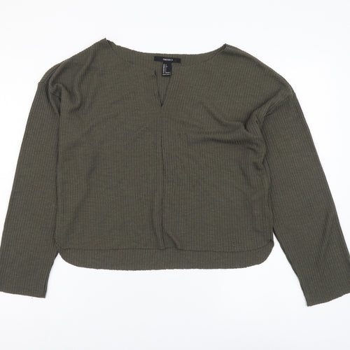 FOREVER 21 Womens Green V-Neck Acrylic Henley Jumper Size S