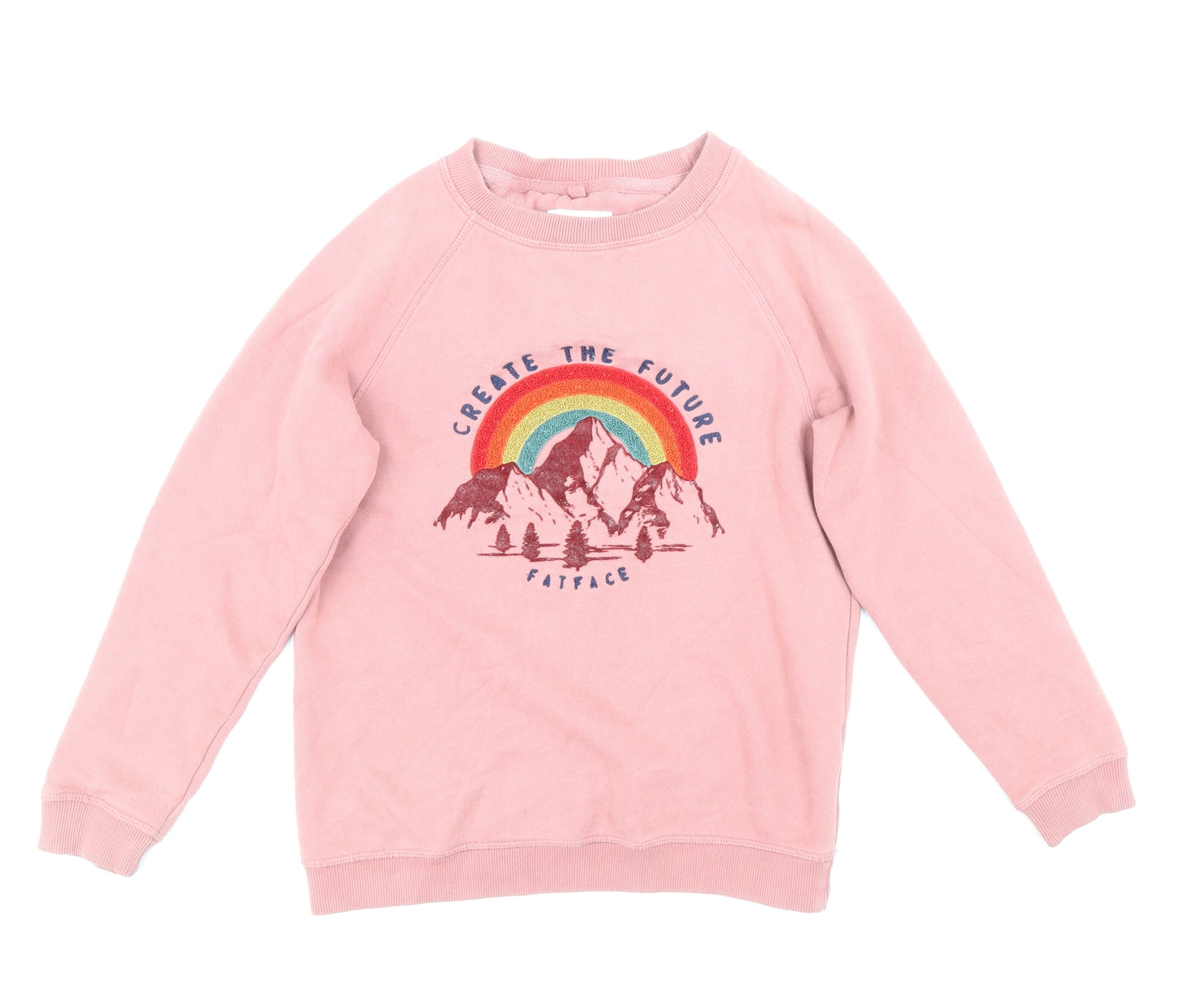 Fat Face Girls Pink Cotton Pullover Sweatshirt Size 10-11 Years Pullover - Textured Mountain Rainbow