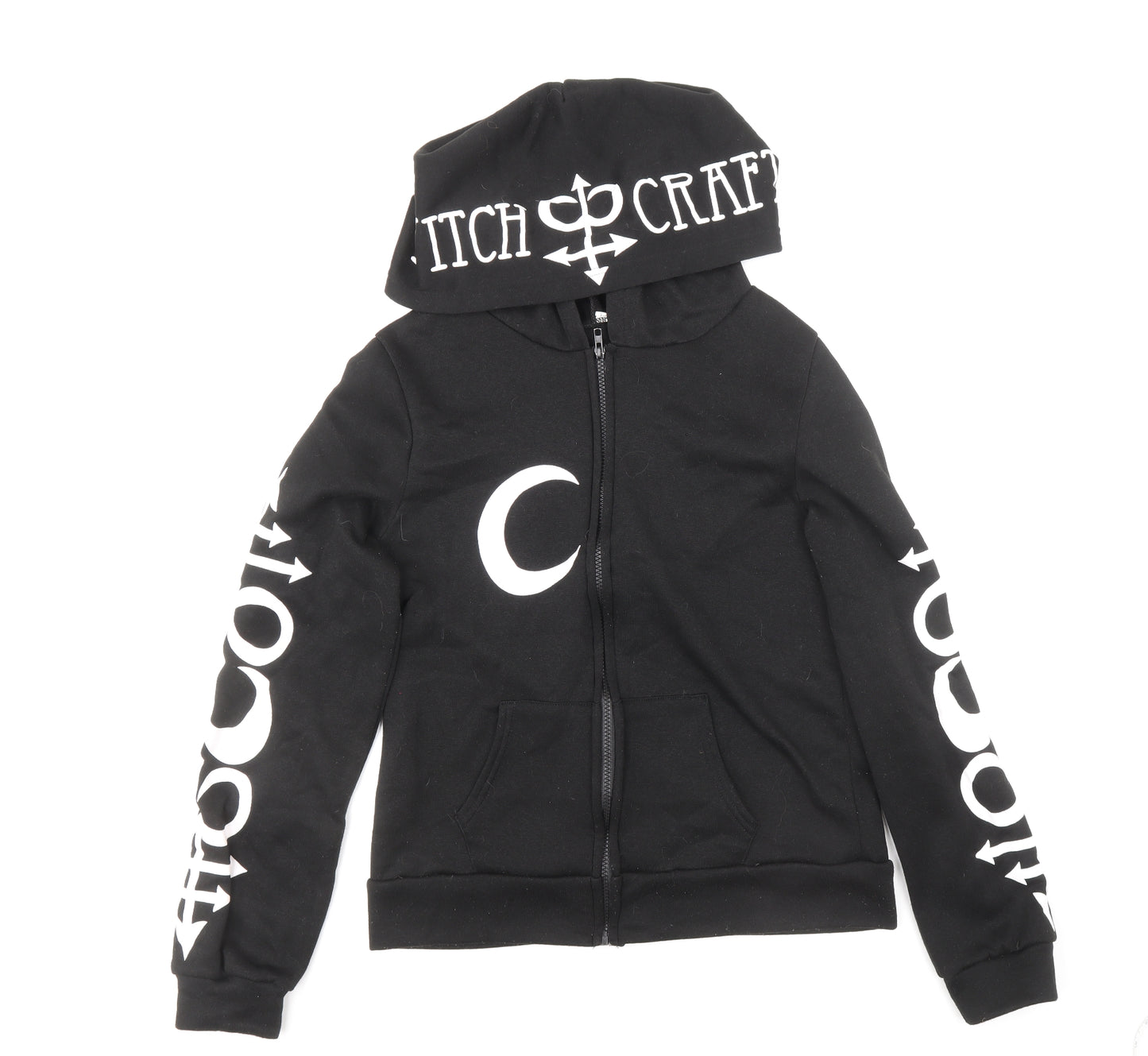 Preworn Womens Black Polyester Full Zip Hoodie Size L Zip - Witchcraft/Moon Print