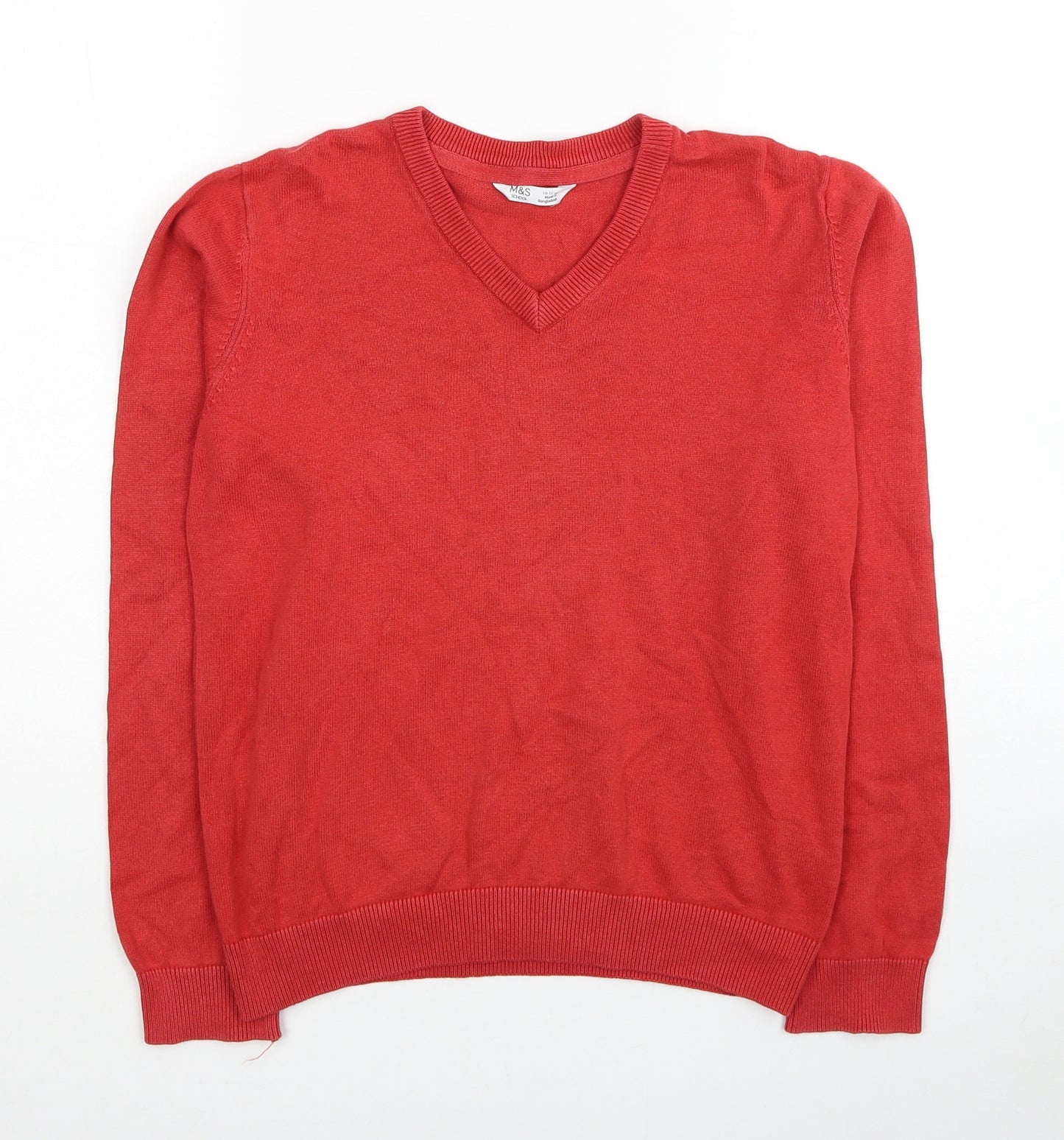Marks and Spencer Boys Red V-Neck Cotton Pullover Jumper Size 10-11 Years Pullover