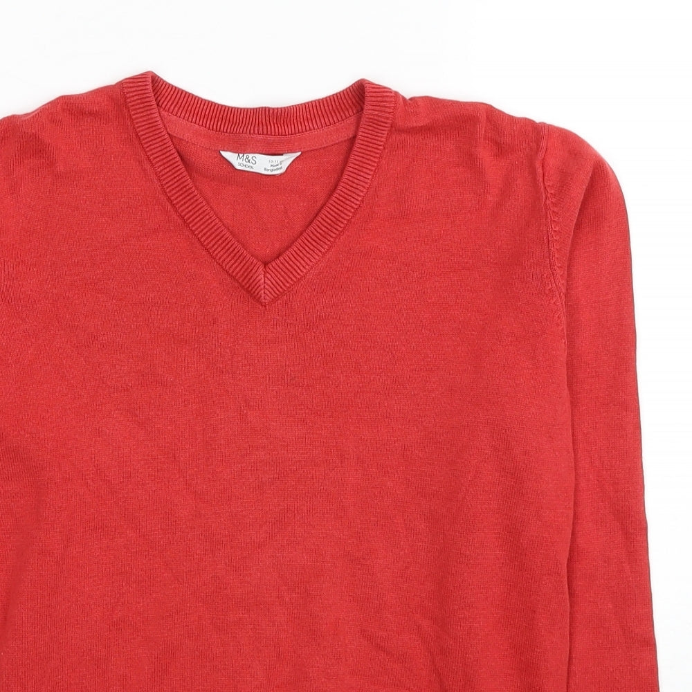 Marks and Spencer Boys Red V-Neck Cotton Pullover Jumper Size 10-11 Years Pullover
