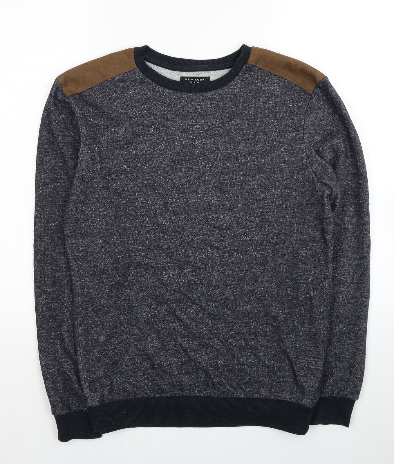 New Look Mens Blue Round Neck Polyester Pullover Jumper Size S - Elbow Patch
