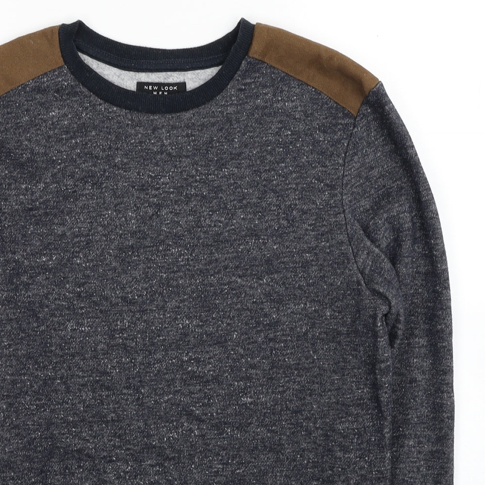 New Look Mens Blue Round Neck Polyester Pullover Jumper Size S - Elbow Patch