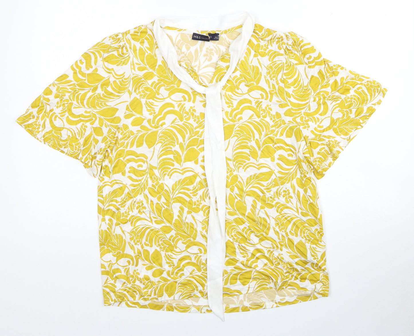 Marks and Spencer Womens Yellow Floral Viscose Basic Blouse Size 14 V-Neck