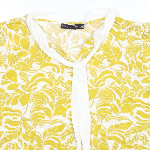 Marks and Spencer Womens Yellow Floral Viscose Basic Blouse Size 14 V-Neck