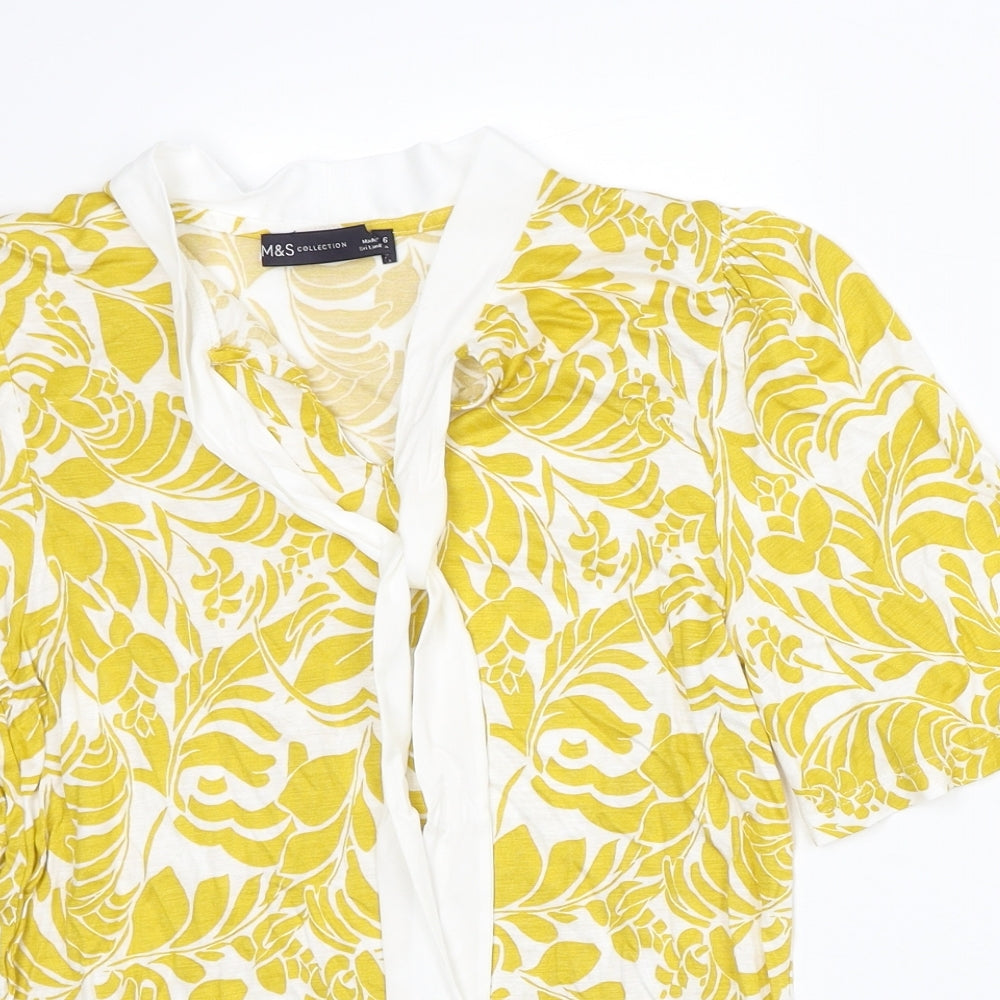 Marks and Spencer Womens Yellow Floral Viscose Basic Blouse Size 6 V-Neck
