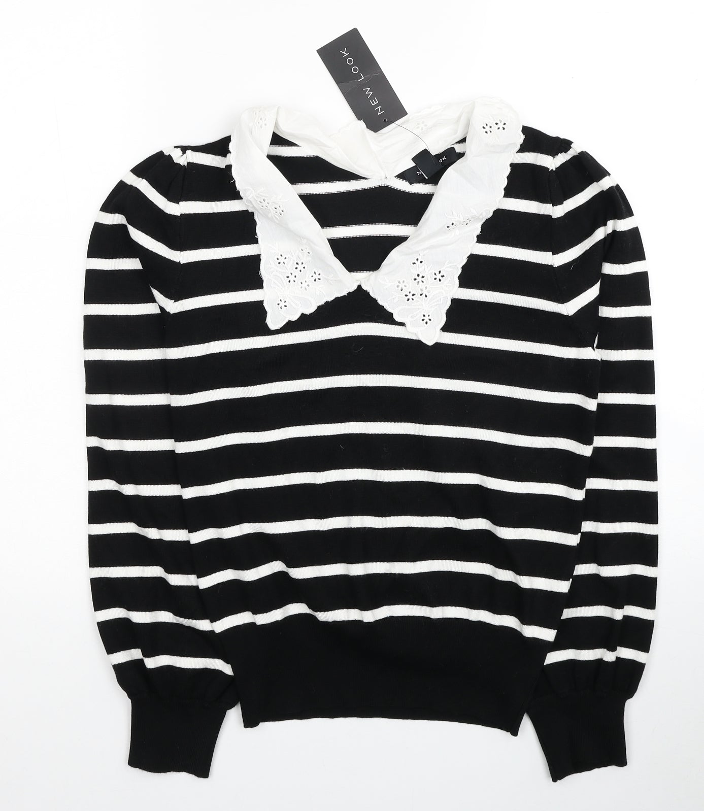 New Look Womens Black Collared Striped Viscose Pullover Jumper Size 12