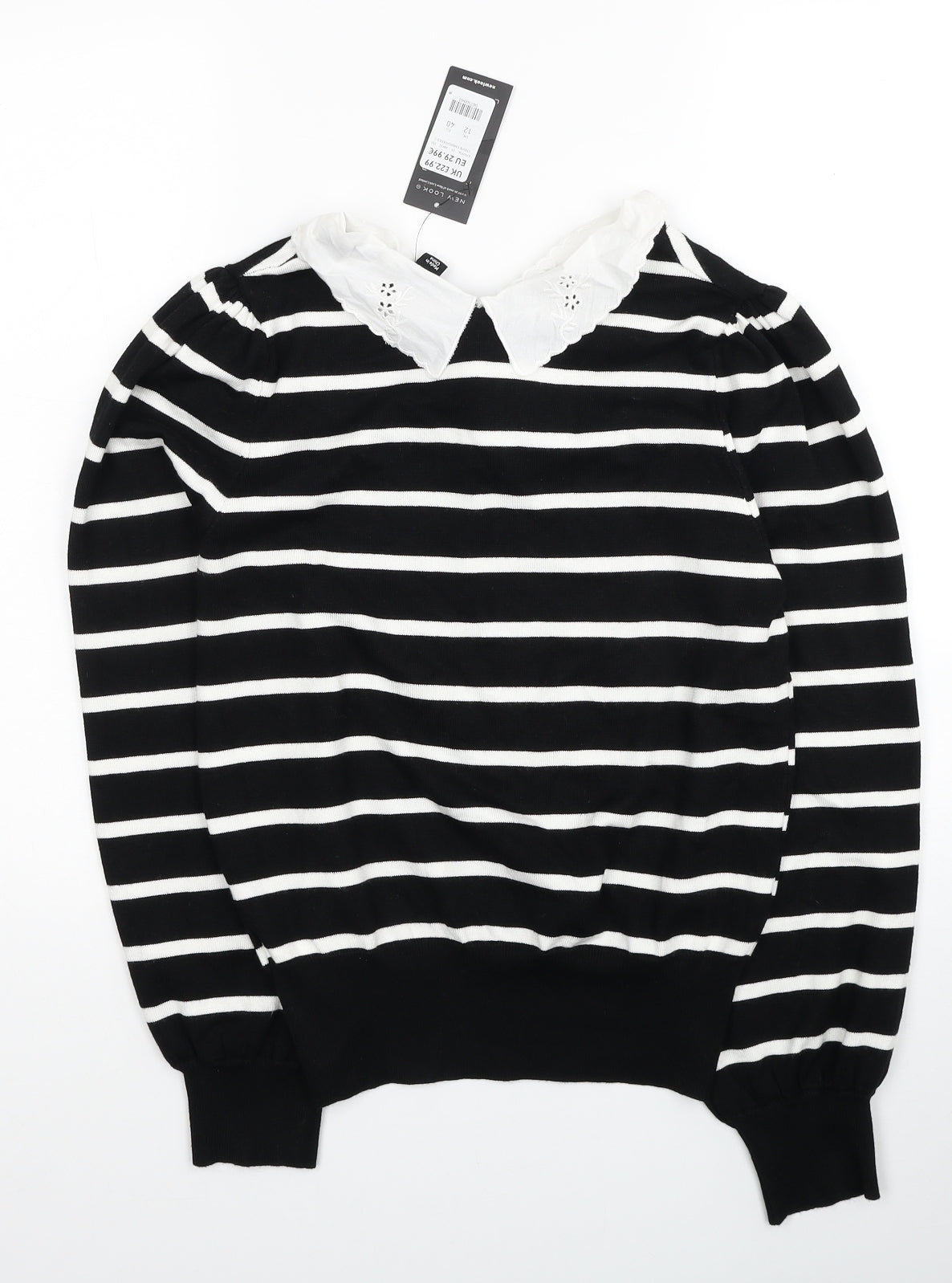 New Look Womens Black Collared Striped Viscose Pullover Jumper Size 12