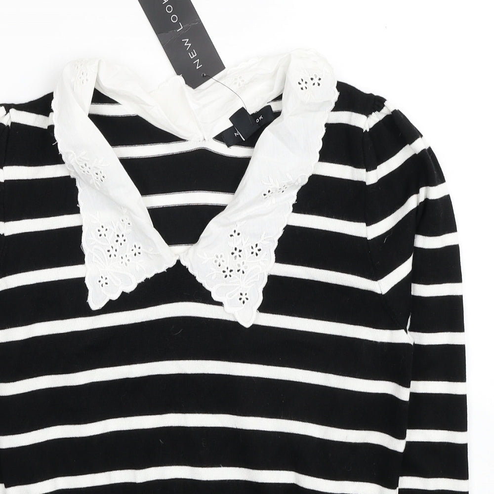 New Look Womens Black Collared Striped Viscose Pullover Jumper Size 12