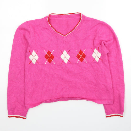 SheIn Womens Pink Round Neck Argyle/Diamond Polyester Pullover Jumper One Size