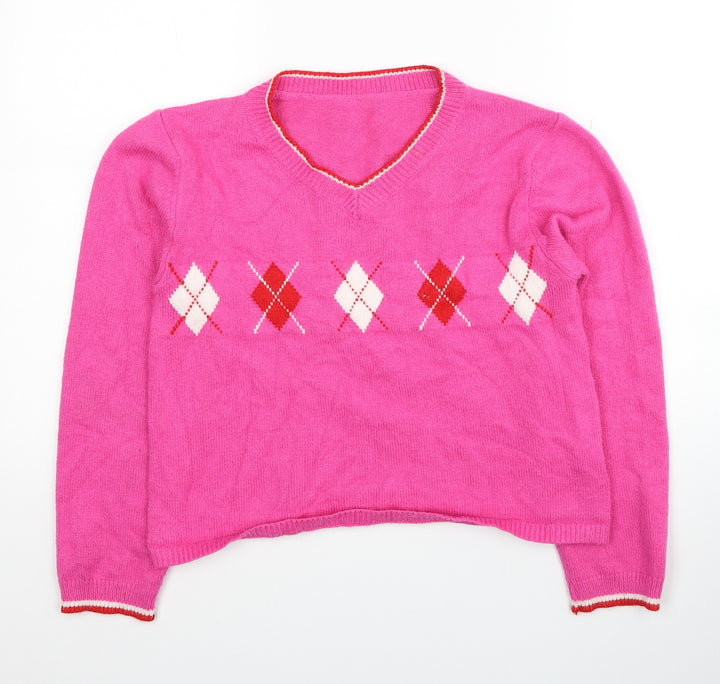 SheIn Womens Pink Round Neck Argyle/Diamond Polyester Pullover Jumper One Size