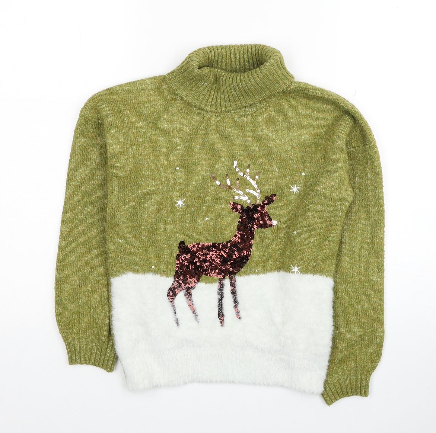TU Girls Green Roll Neck Colourblock Acrylic Pullover Jumper Size 9 Years Pullover - Christmas Reindeer