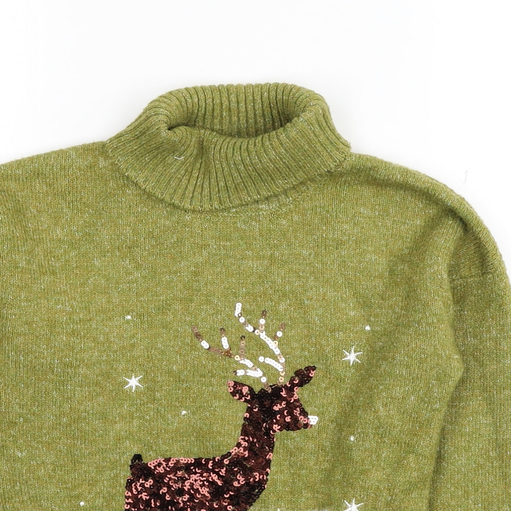 TU Girls Green Roll Neck Colourblock Acrylic Pullover Jumper Size 9 Years Pullover - Christmas Reindeer